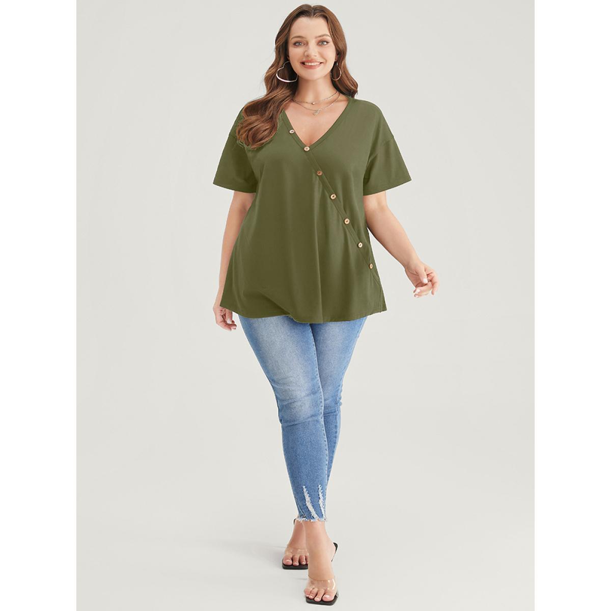 Plus Size Plain Surplice Neck Button Detail T-shirt ArmyGreen Women Elegant Plain V-neck Dailywear T-shirts BloomChic 14-16/1X Product Image