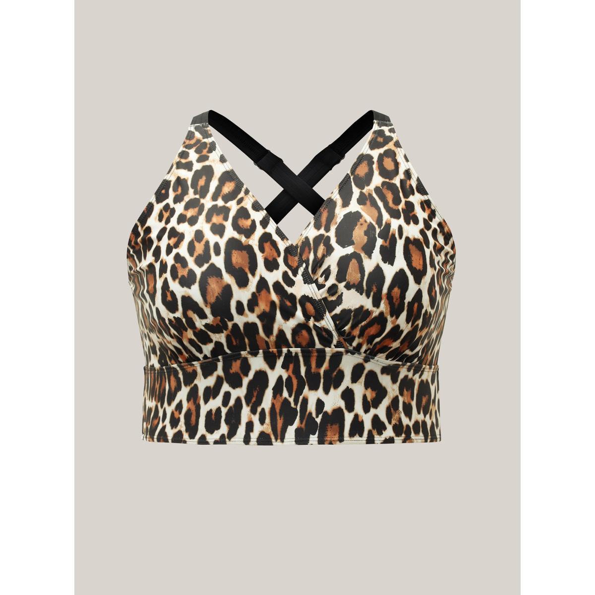 Plus Size Leopard Print Surplice Neck Swim Top Women's Swimwear Leopard Beach High stretch Skinny V-neck Curve Swim Tops BloomChic 28/5X Product Image