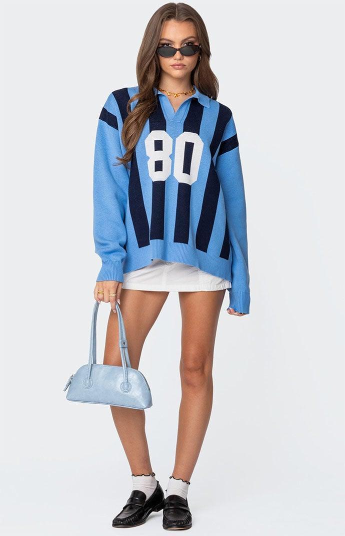 Edikted Women's Larson Oversized Polo Sweater in Blue/Navy - Product Image