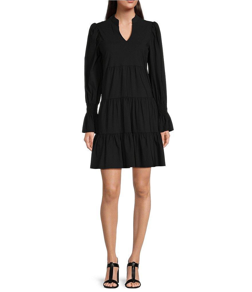 Jude Connally Tammi Stretch Jude Cloth Knit Split V-Neck Long Ruffled Sleeve Tiered Dress Product Image