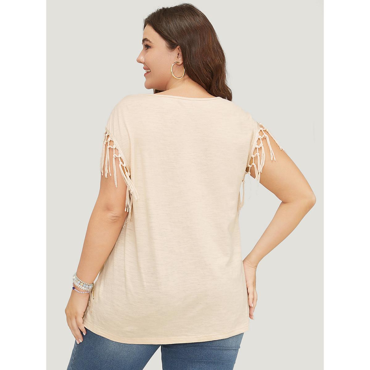 Plus Size Solid Fringe Trim Batwing Sleeve T-shirt Beige Women Elegant Tassels Plain Round Neck Dailywear T-shirts BloomChic 22-24/3X Product Image
