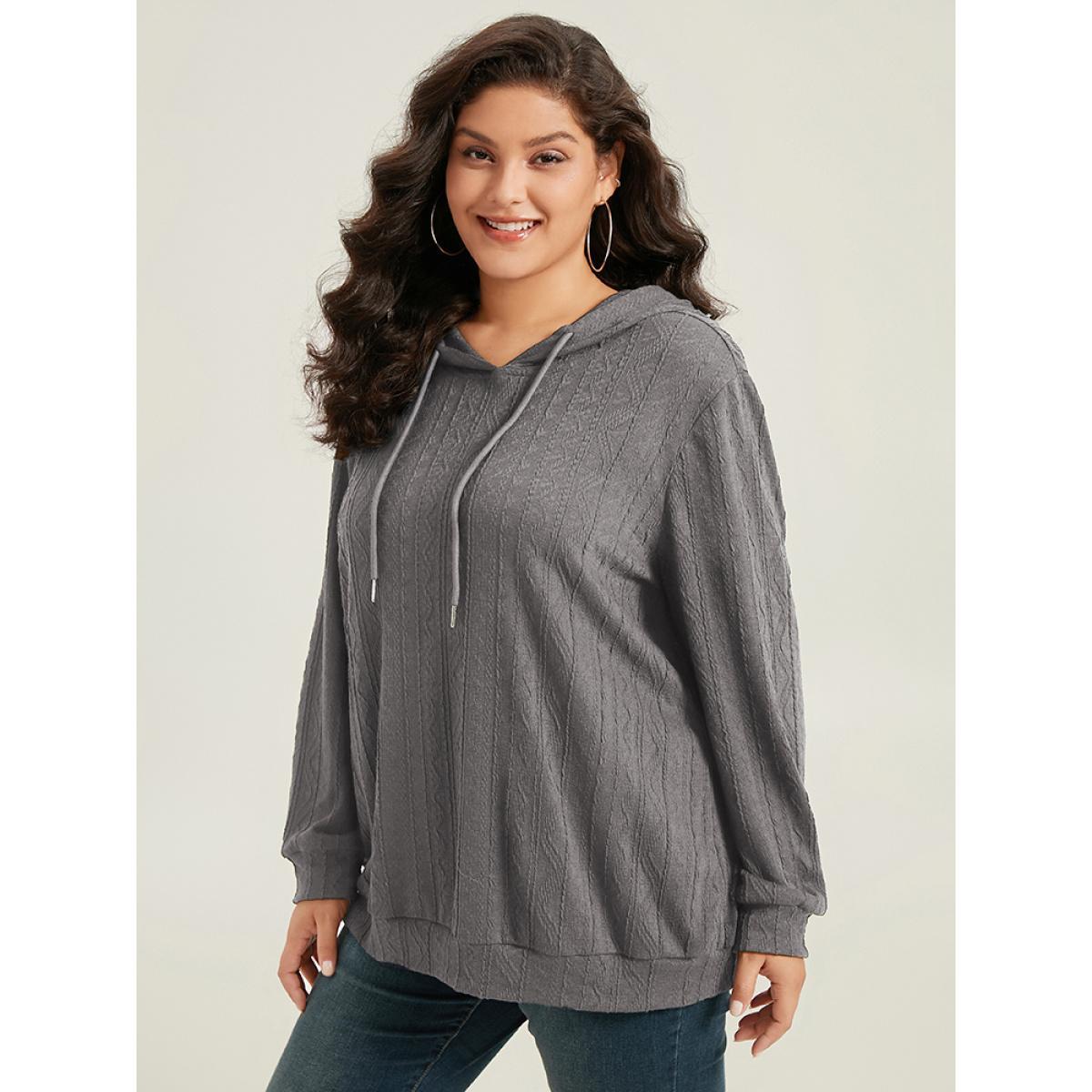 Plus Size Plain Textured Hooded Drawstring Sweatshirt Women Mauve Casual Elastic cuffs Hooded Everyday Sweatshirts BloomChic 12/L Product Image