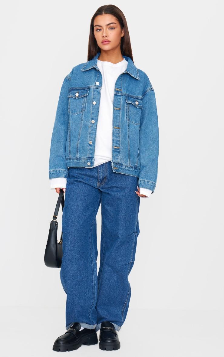 Mid Blue Wash Oversized Boyfriend Denim Jacket Product Image