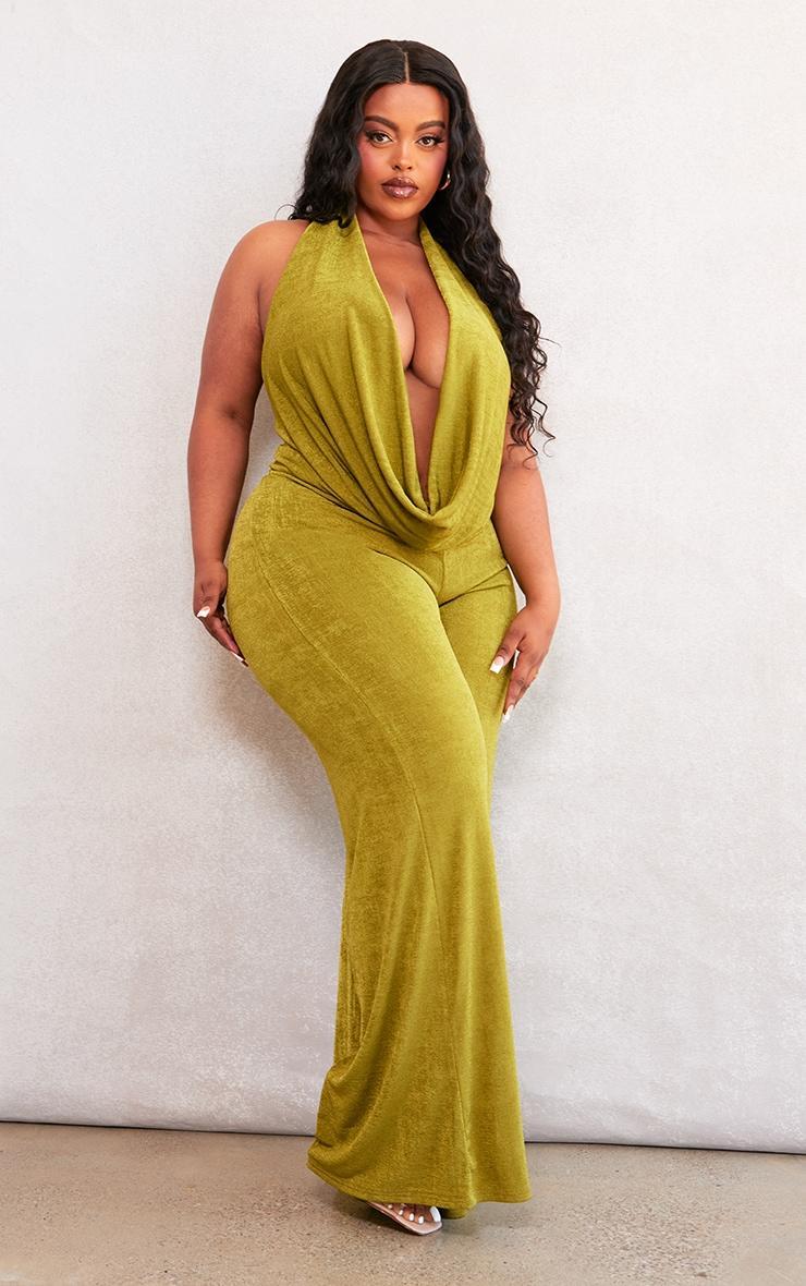 Plus Olive Acetate Slinky Plunge Jumpsuit Product Image