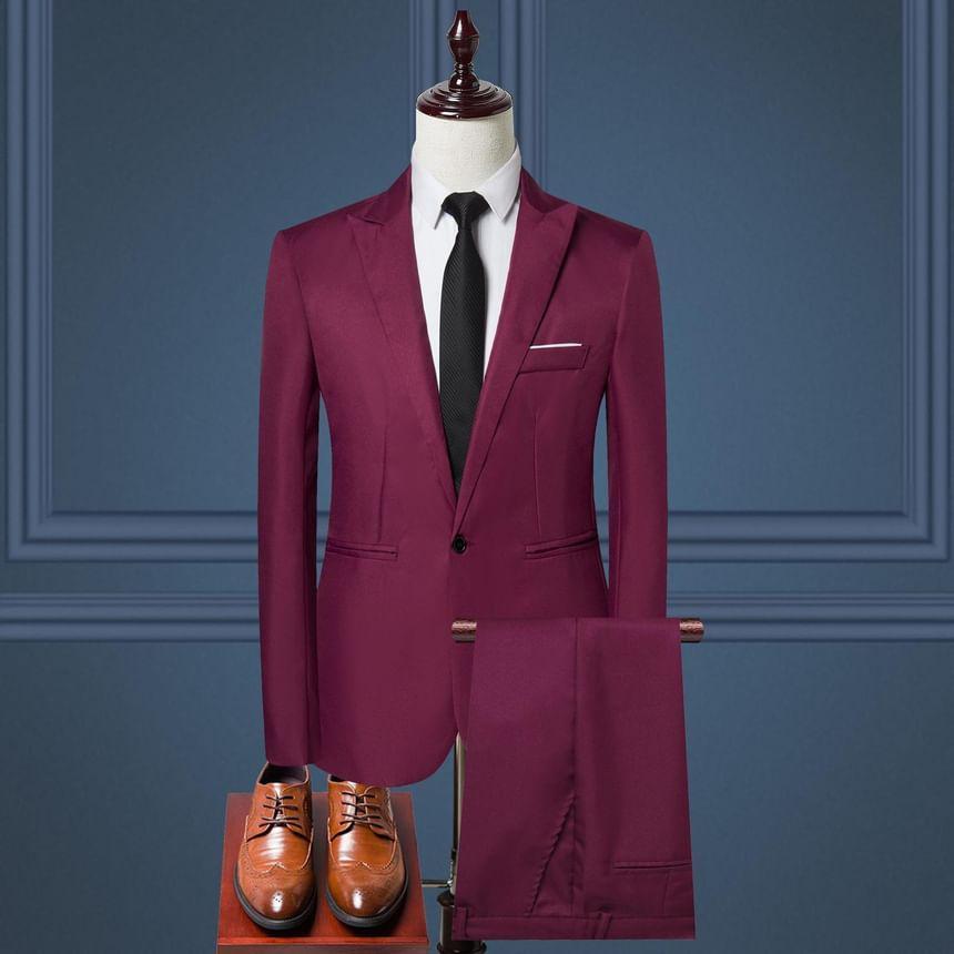 Set: Peak Lapel Single-Button Blazer + Tapered Dress Pants Product Image