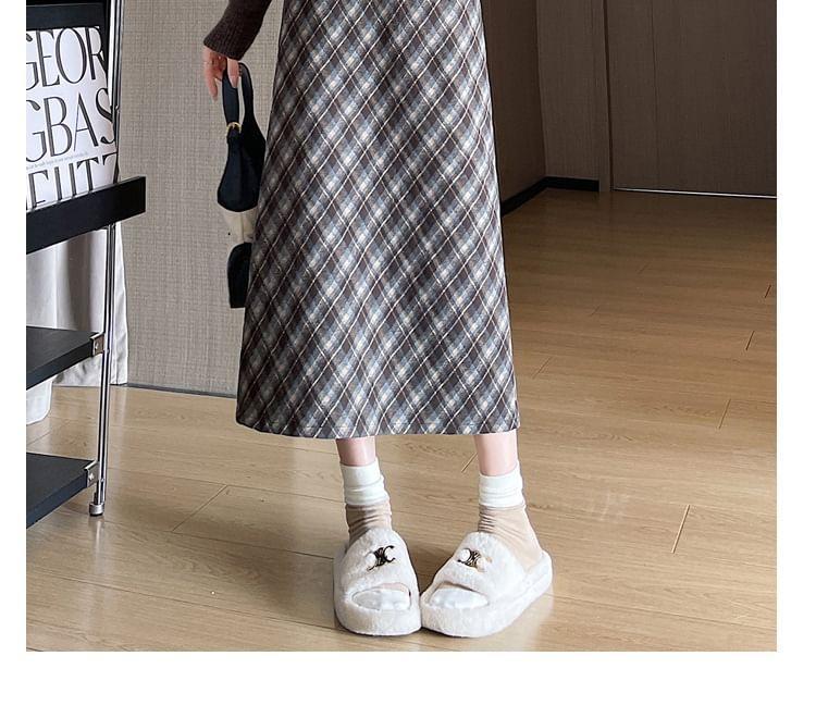 High Waist Plaid A-Line Midi Skirt Product Image