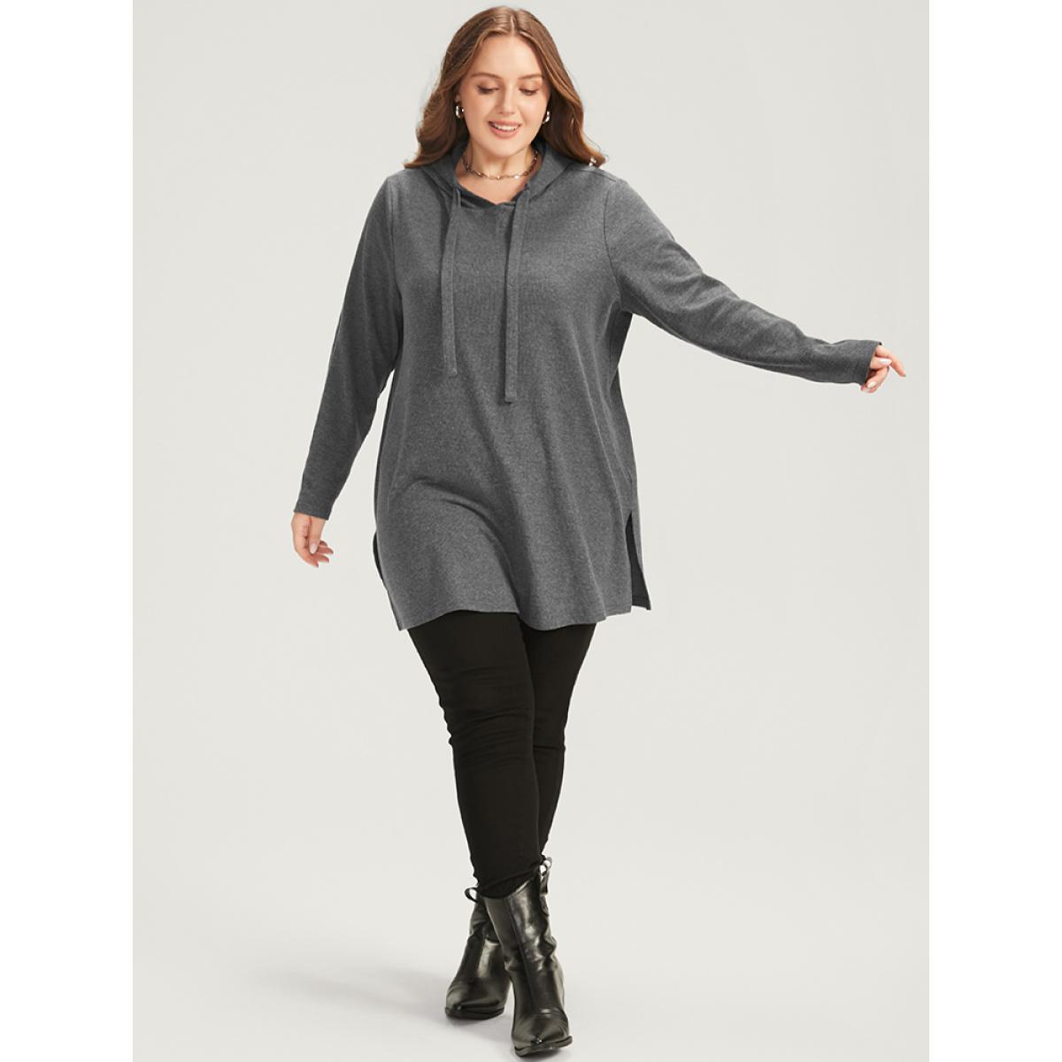 Plus Size Solid Drawstring Split Hem Hooded Sweatshirt Women DimGray Casual Hooded Dailywear Sweatshirts BloomChic 26/4X Product Image
