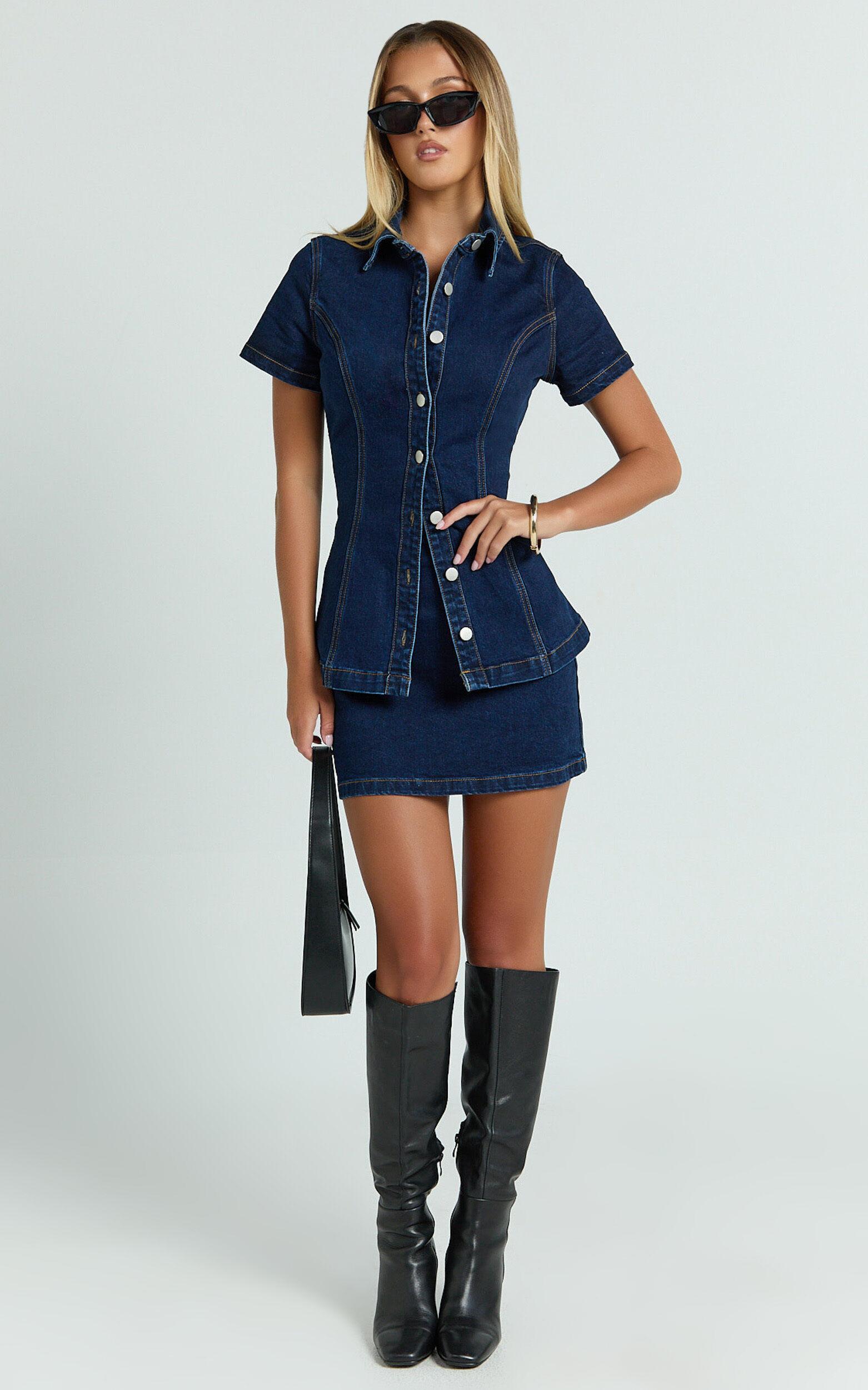 Paige Top - Button Down Short Sleeve Denim Top in Dark Blue Wash Product Image