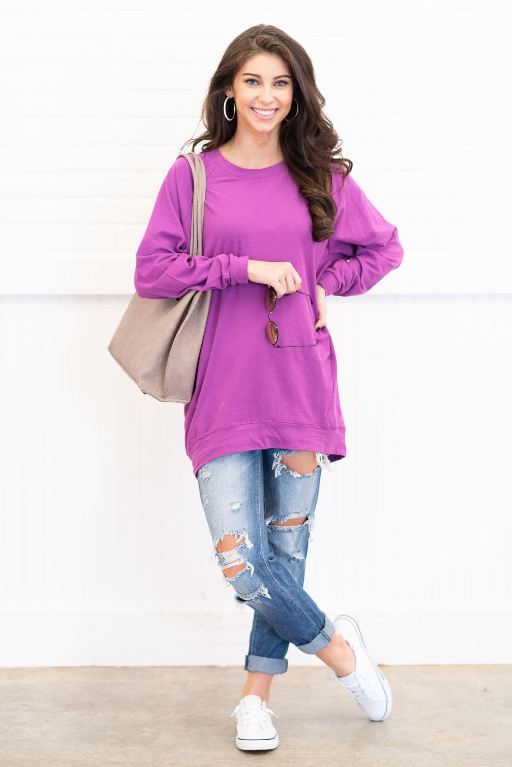 Slouchy Dolman Bodacious Purple Long Sleeve Tunic Female Product Image