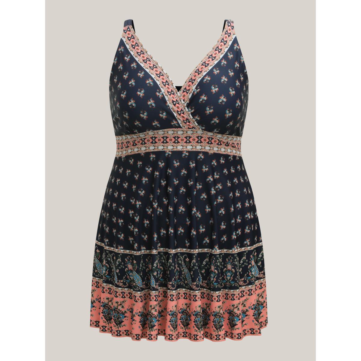 Plus Size Boho Print Surplice Neck Contrast Swim Dress Women's Swimwear DarkBlue Resort Bodycon Overlap Collar High stretch Curve Swim Dresses BloomChic 12/L Product Image