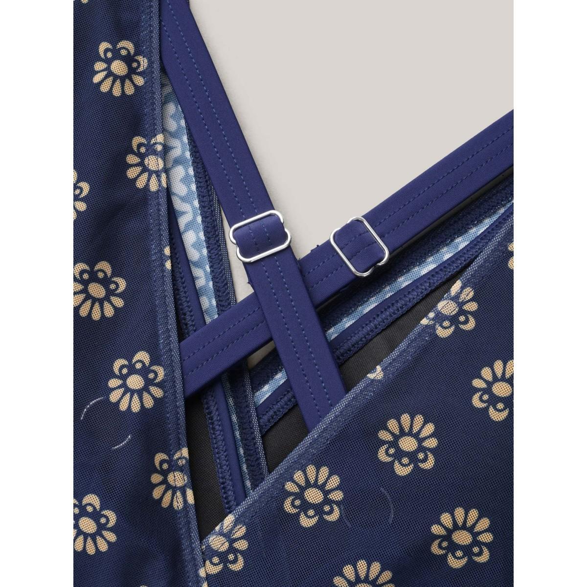 Plus Size Boho Print Mesh Ruched Crisscross One-Piece Swimsuit Women's Swimwear Black Resort Gathered Curve Bathing Suits High stretch One Pieces BloomChic 28/5X Product Image