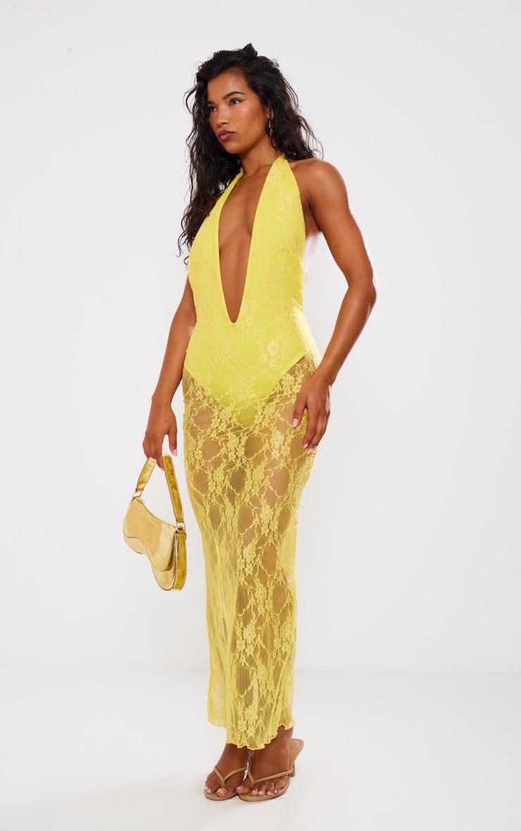 Yellow Lace Halterneck Plunge Midaxi Dress Product Image