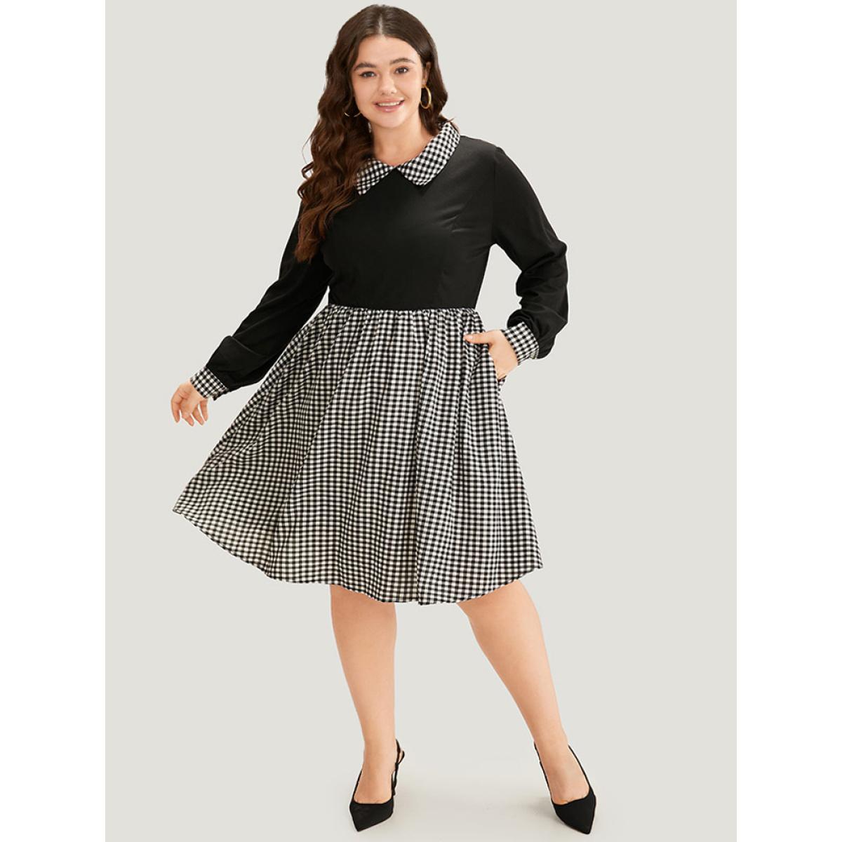Plus Size Gingham Patchwork Pocket Shirt Collar Dress Black Women Office Patchwork Shirt collar Long Sleeve Curvy Midi Dress BloomChic 14-16/1X Product Image