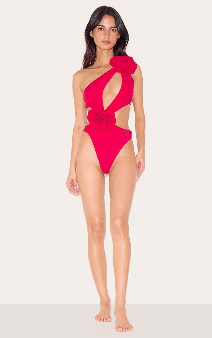 Red Flower Detail Cut Out Asymmetric Swimsuit Product Image