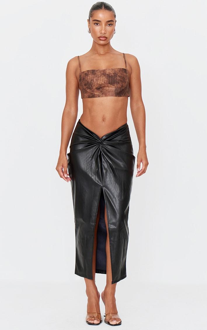 Black Faux Leather Twist Detail Front Midi Skirt Product Image