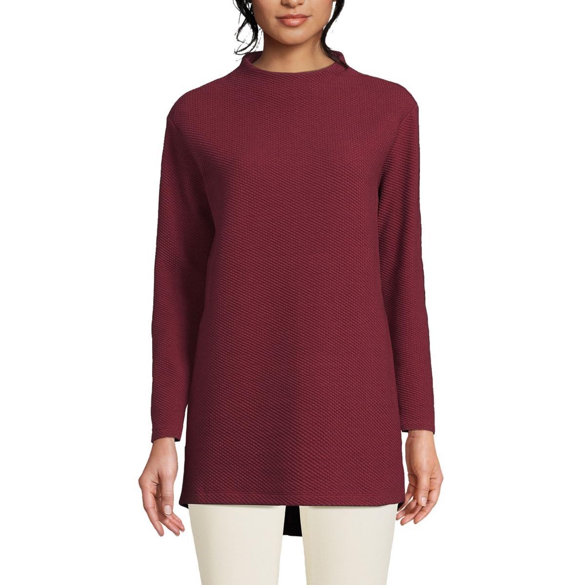 Lands End Womens Petite Long Sleeve Textured Pique Funnel Neck Tunic Product Image