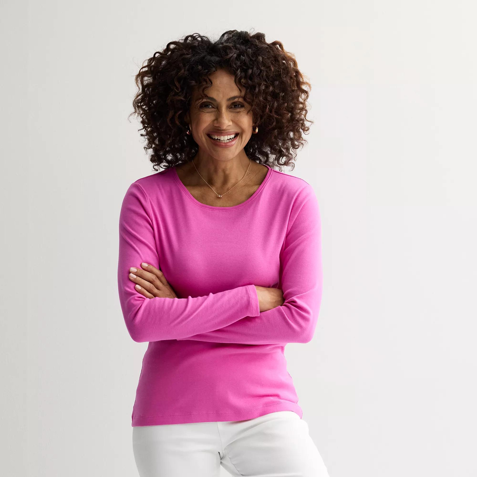 Petite Croft & Barrow® Crewneck Long-Sleeve Tee, Women's, Size: Small Petite, Pink Emporium Product Image