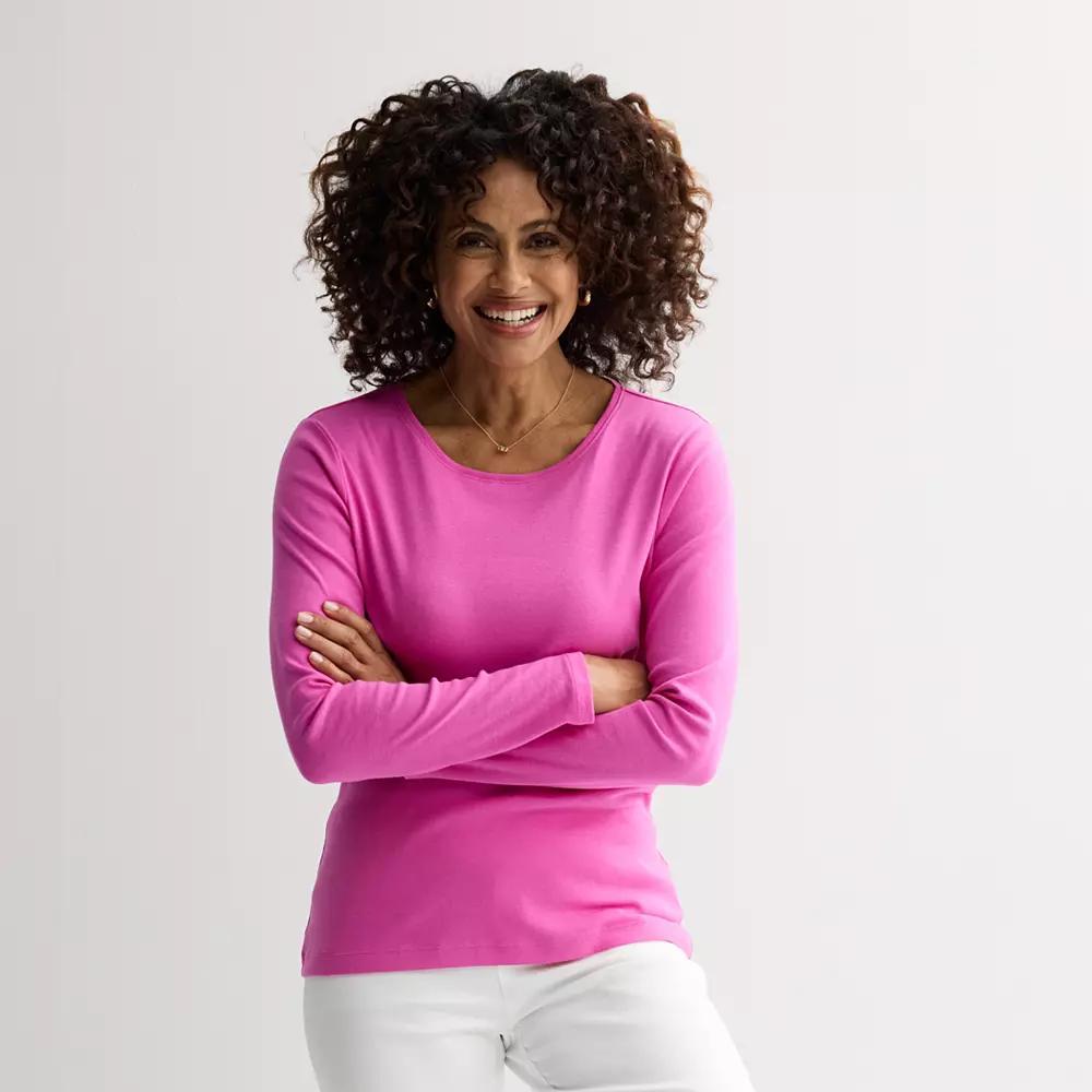 Petite Croft & Barrow® Crewneck Long-Sleeve Tee, Women's, Size: Small Petite, Pink Emporium Product Image