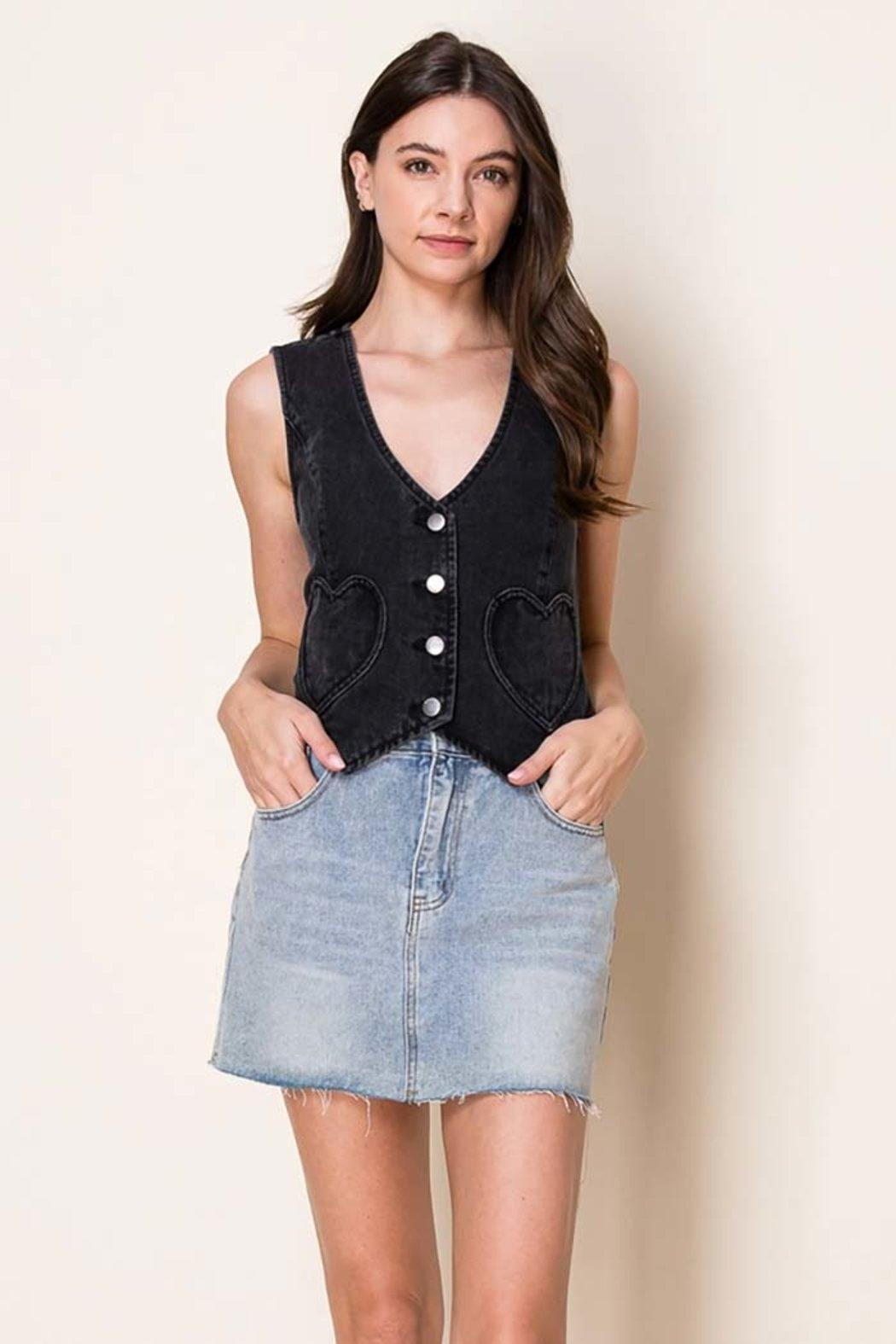 Washed Denim Fitted Vest with Heart Pockets Product Image