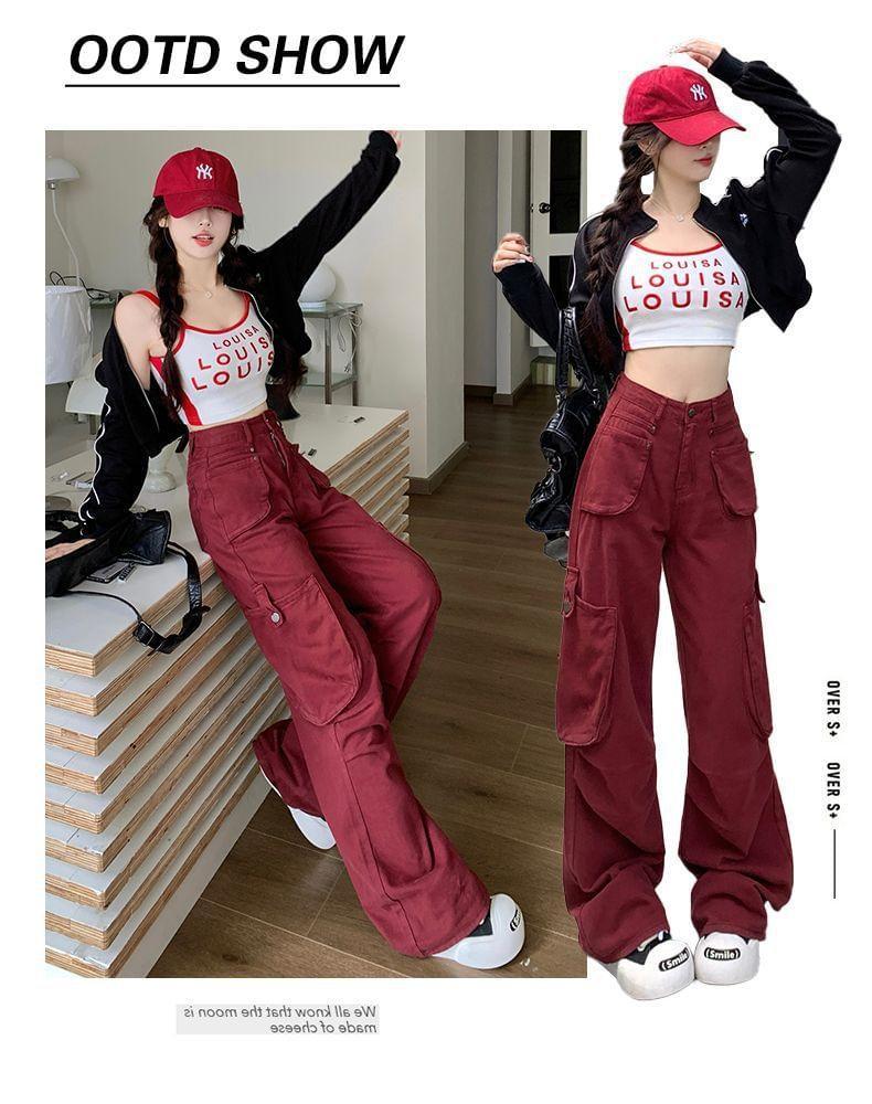 High Rise Plain Wide Leg Cargo Pants Product Image