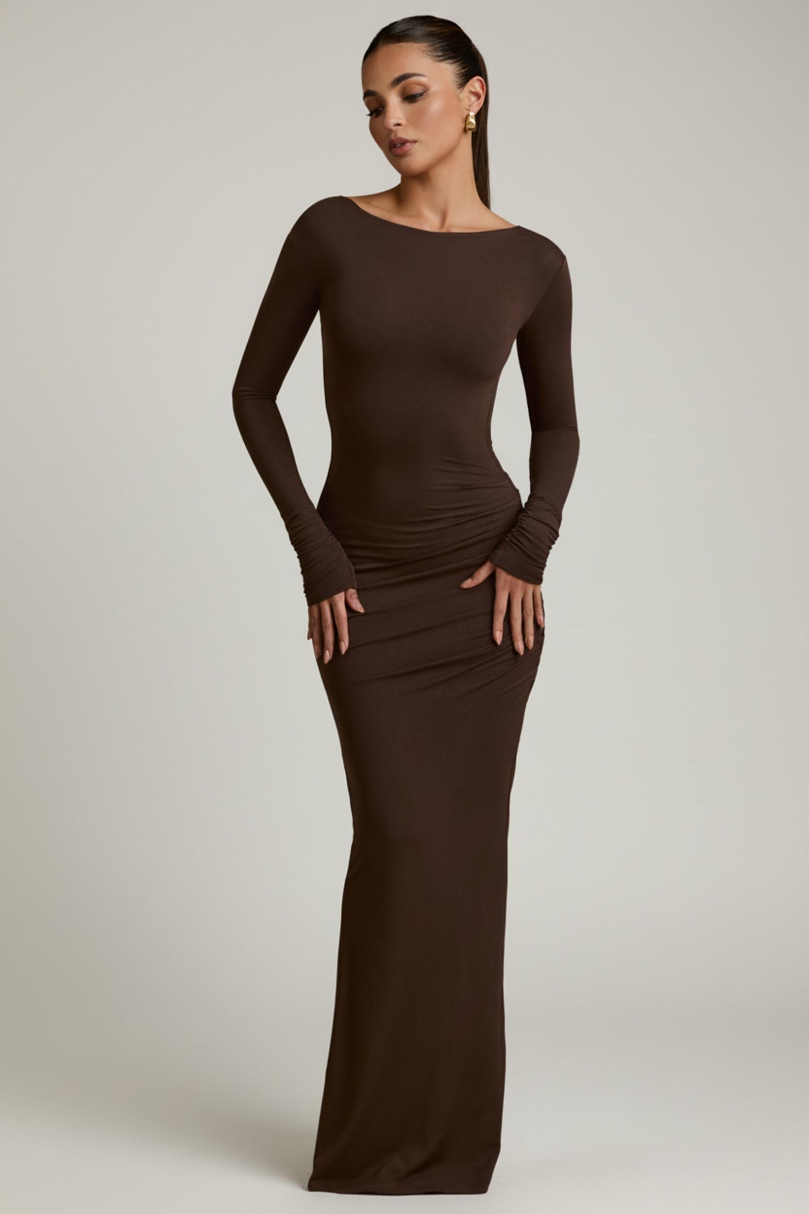 Modal Ruched Backless Maxi Dress in Chocolate Brown Product Image