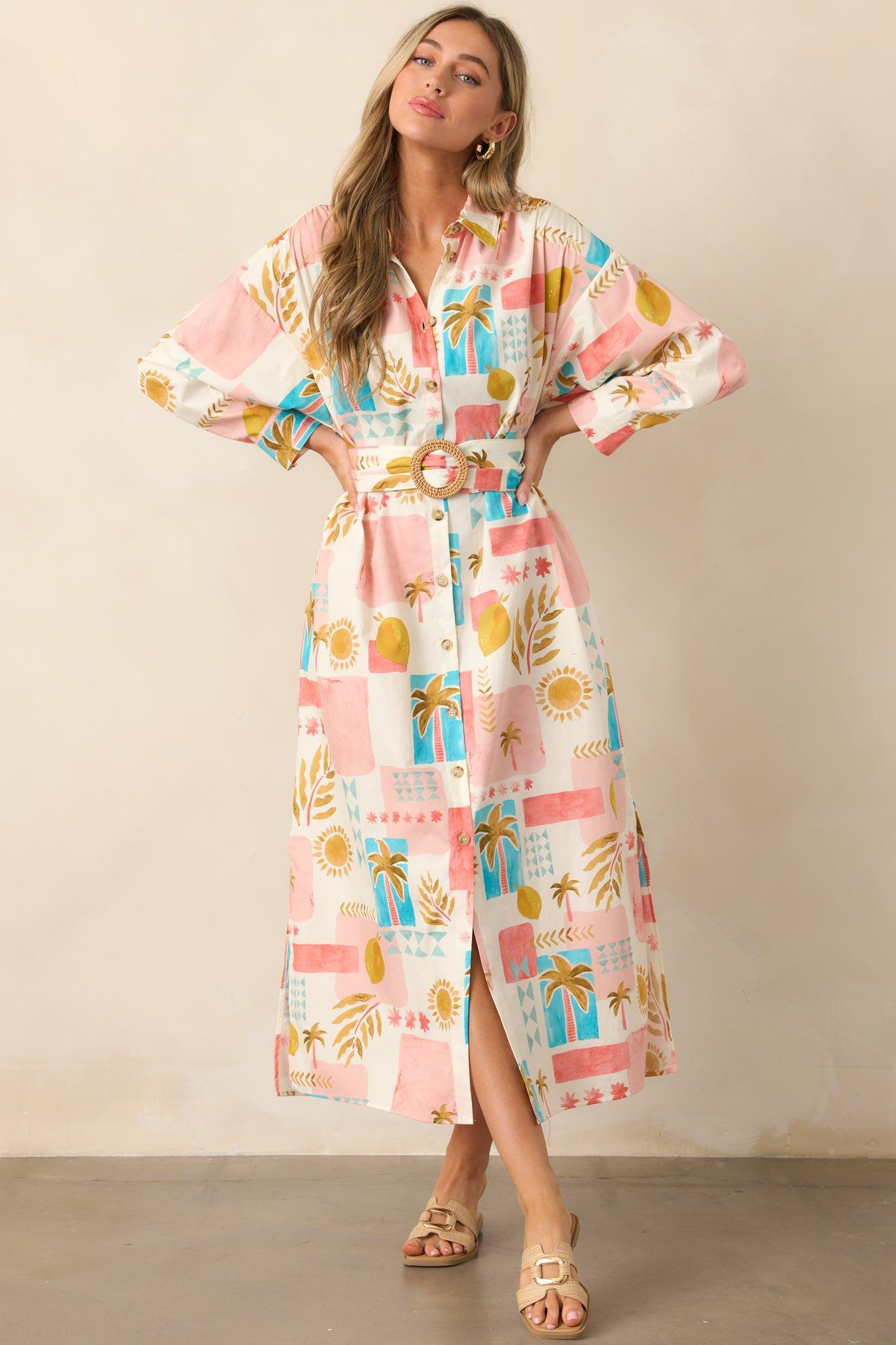 Palms & Paradise Pink Multi Tropical Print Button Front Midi Dress Product Image