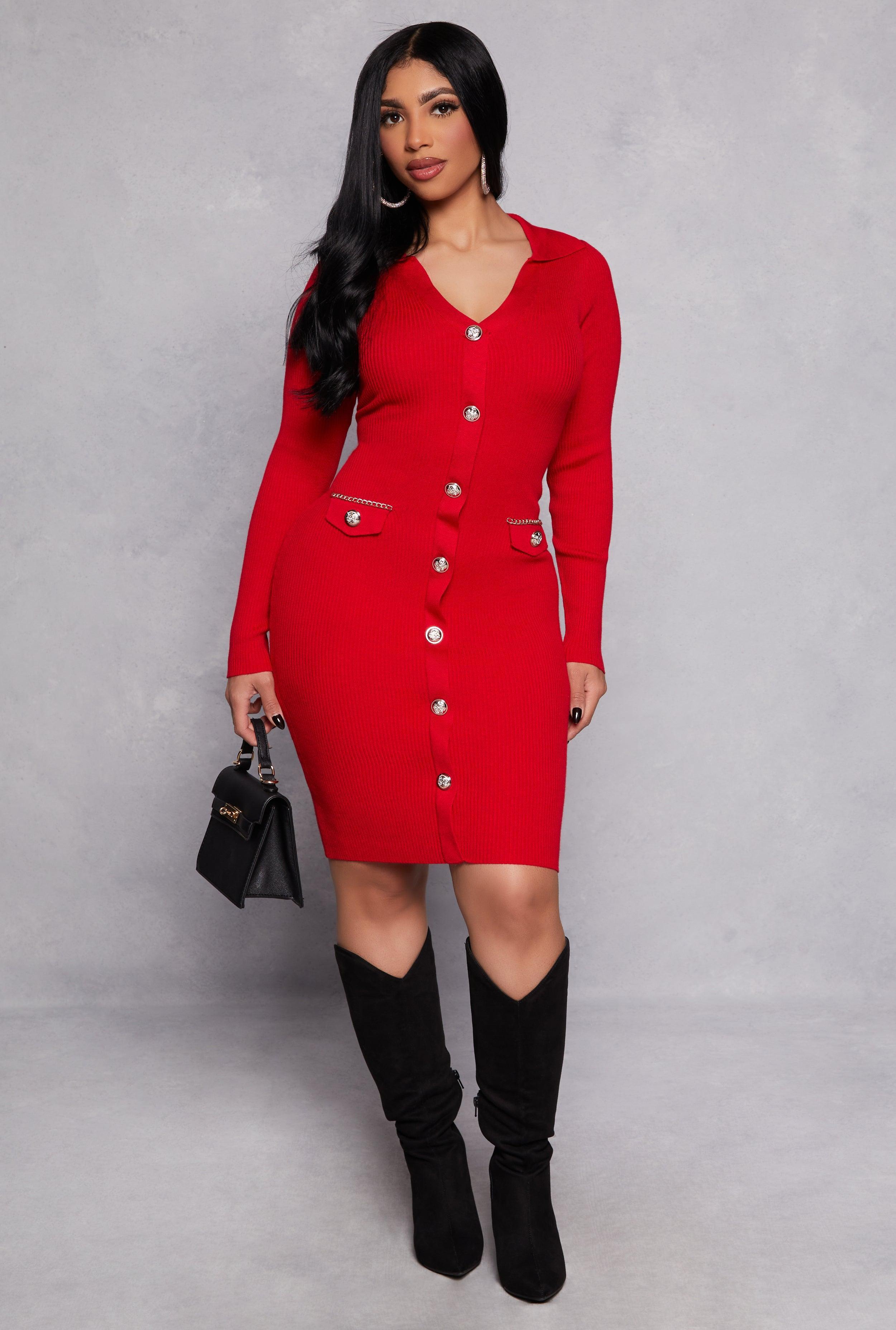 Womens Faux Button Polo Collar Sweater Dress Product Image