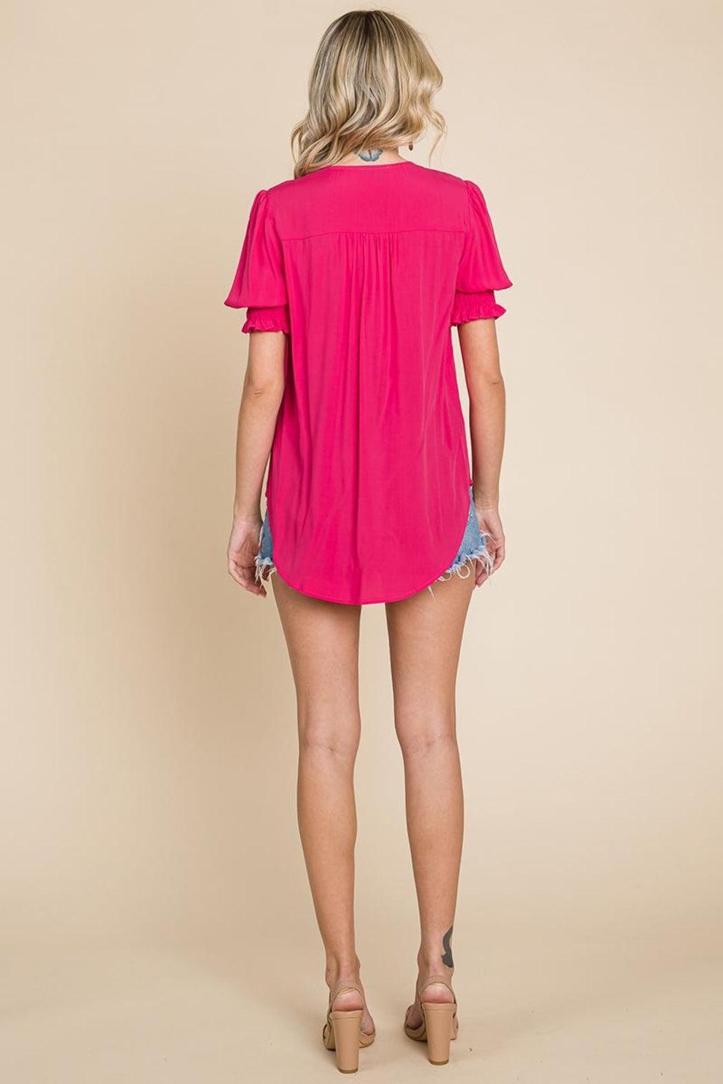 Smocked Sleeve V Neck Button Up Blouse Product Image