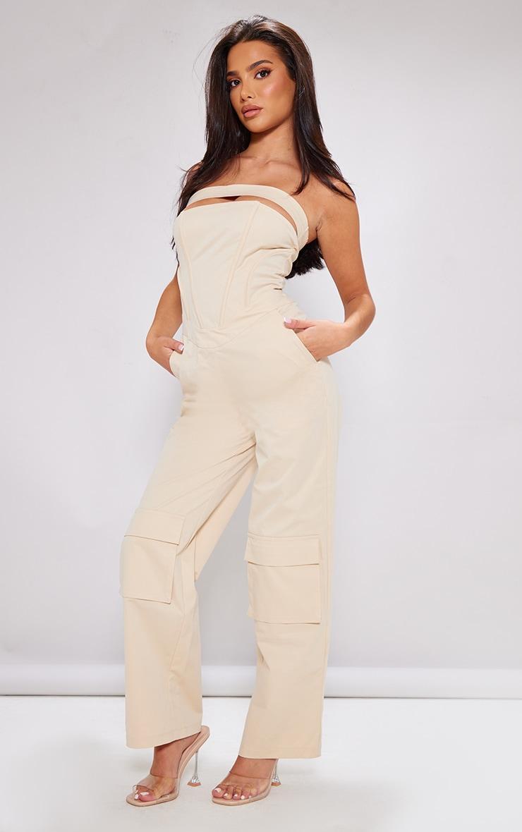 Petite Cream Corset Detail Cargo Jumpsuit Product Image