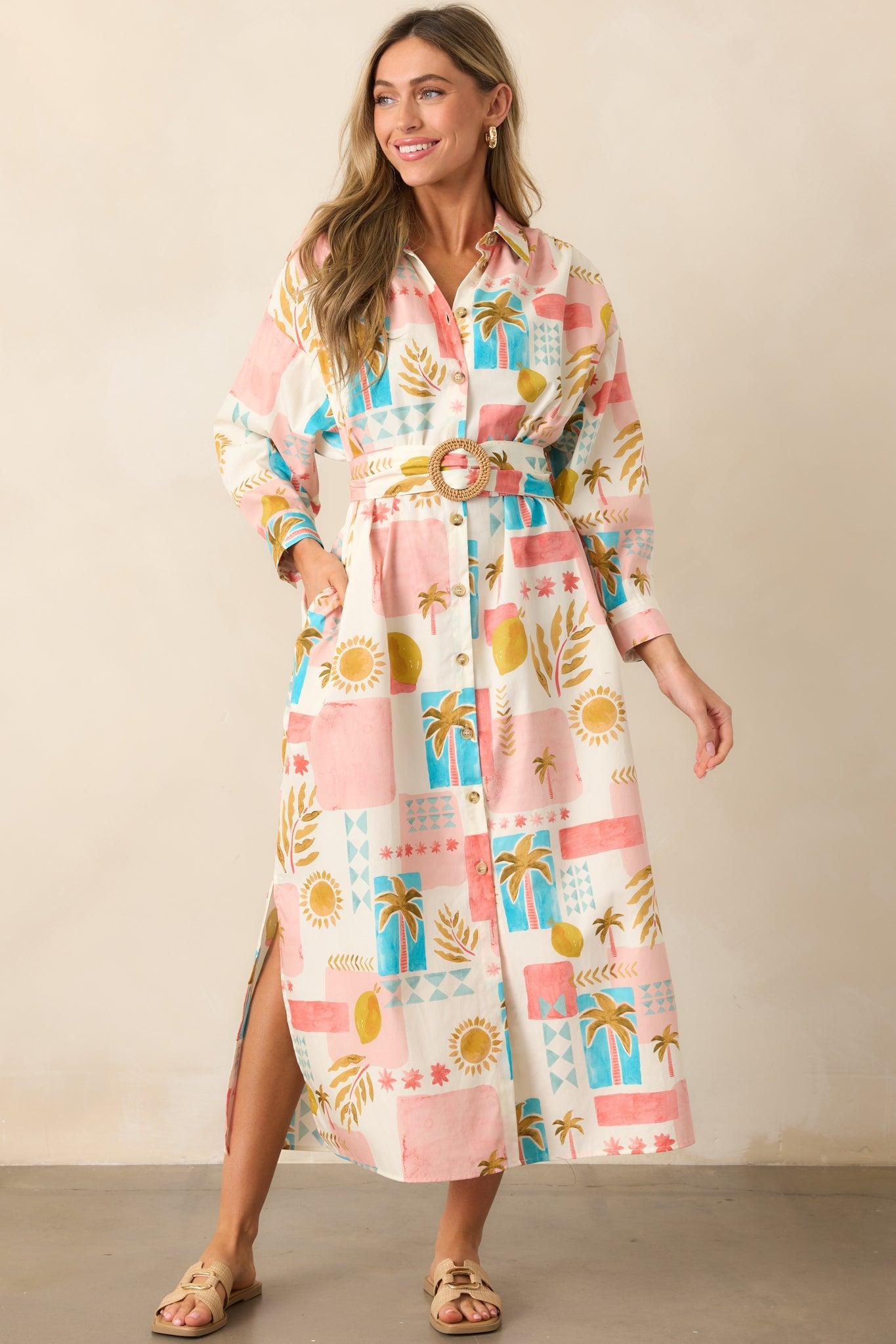 Palms & Paradise Pink Multi Tropical Print Button Front Midi Dress Product Image