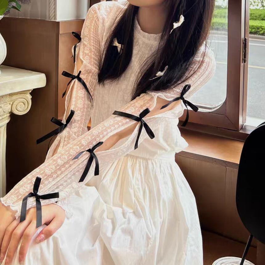 Long Sleeve Round Neck Bow Cutout Lace Top Product Image