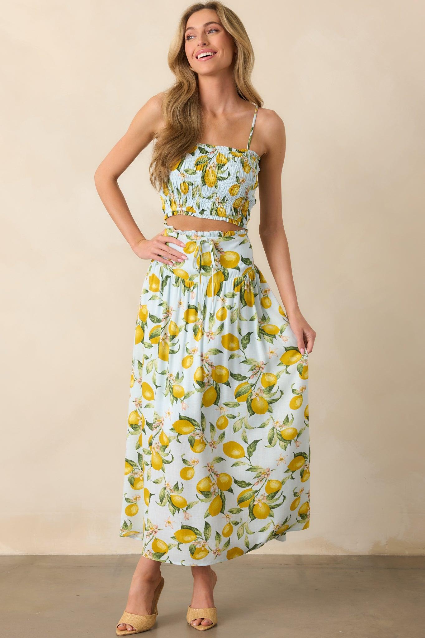 In My Flow Light Blue Lemon Print Drop Waist Maxi Skirt Product Image
