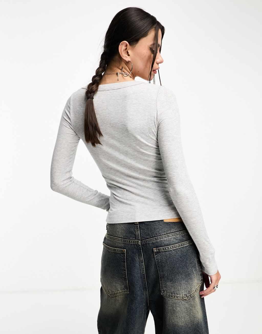 Cotton On ribbed scoop neck long sleeve top in gray  Product Image