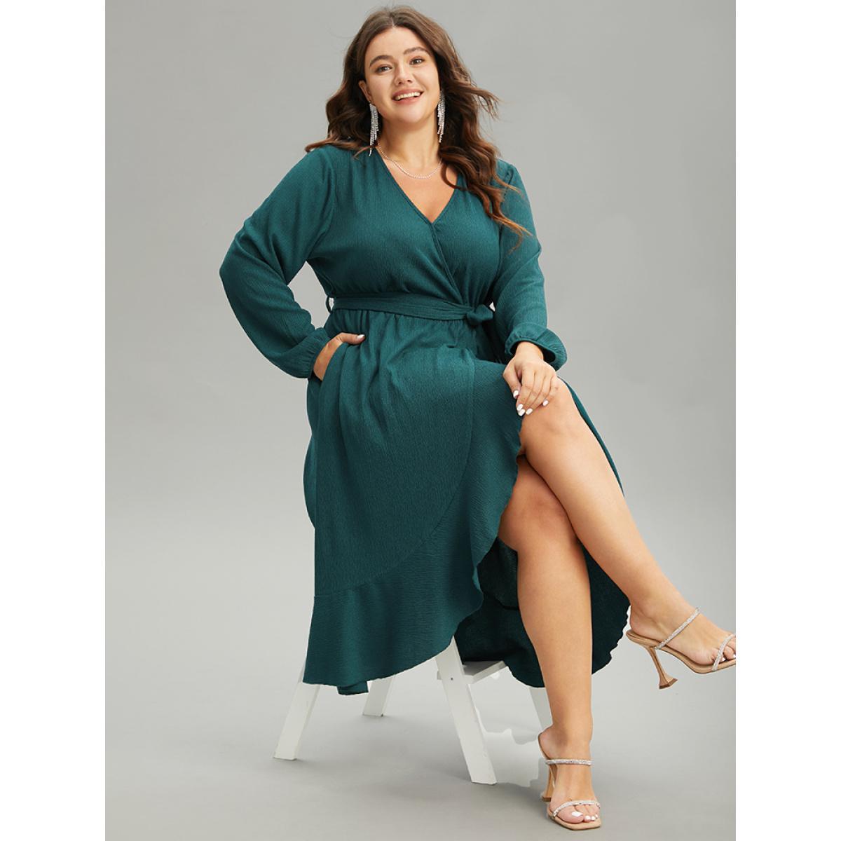 Plus Size Plain Texture Belted Wrap Arc Hem Lantern Sleeve Dress Aegean Women Glamour Elastic cuffs V-neck Long Sleeve Curvy Midi Dress BloomChic 12/L Product Image