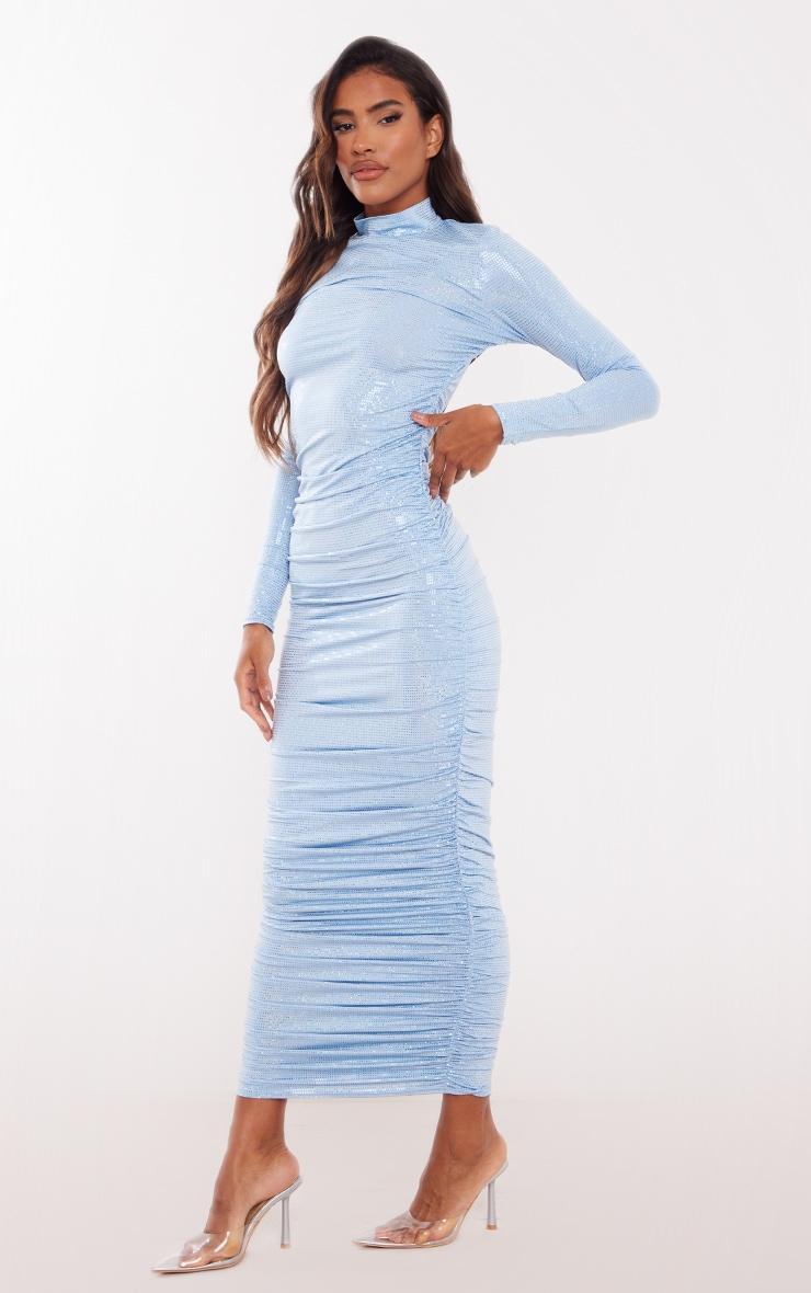 Blue Glitter High Neck Ruched Long Sleeve Midaxi Dress Product Image