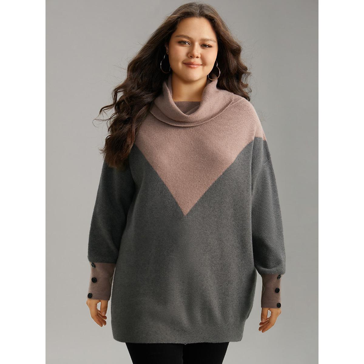 Plus Size Supersoft Essentials Turtleneck Contrast Button Detail Pullover DimGray Women Casual Loose Long Sleeve Turtleneck Dailywear Pullovers BloomChic 30/6X Product Image