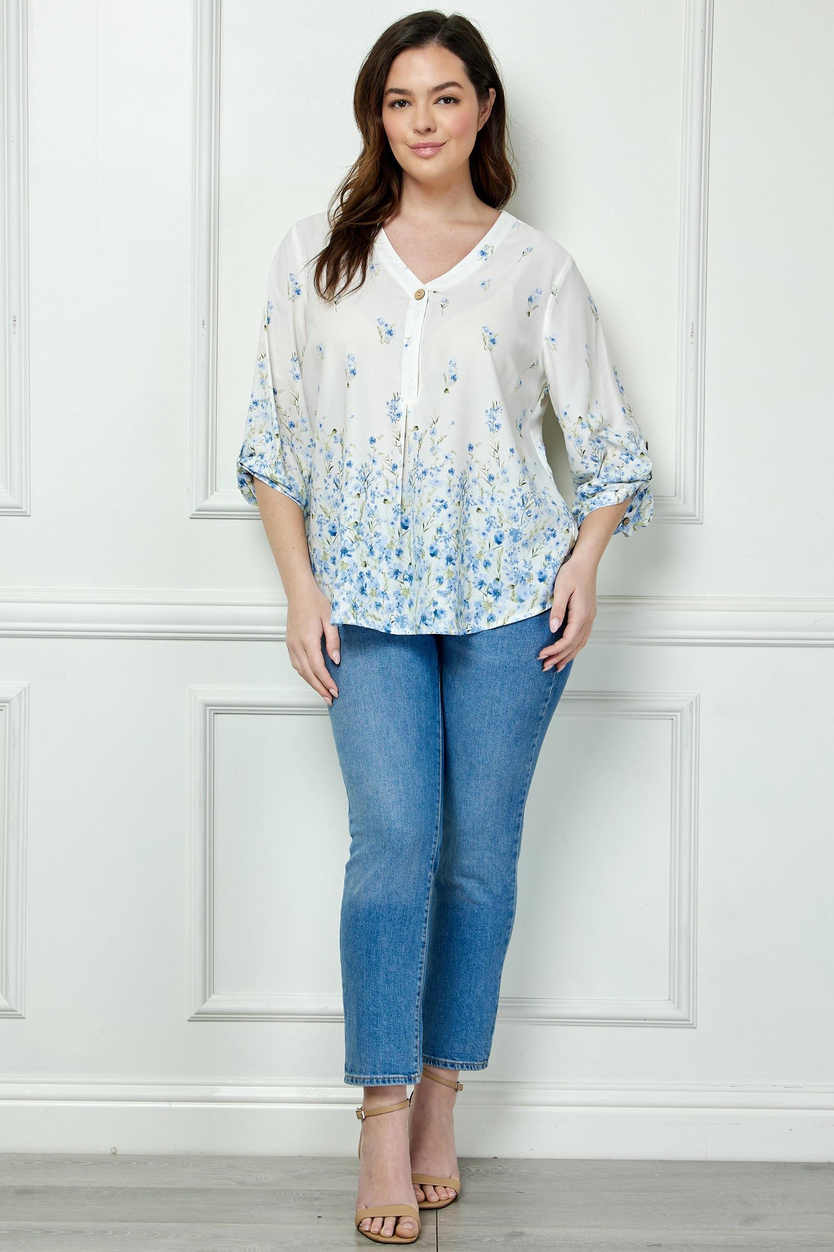 Blue Floral 3/4 Button Tab Sleeve Big Button V-Neck Border Print Blouse - Plus Product Image