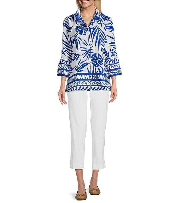 Multiples Bark Cloth Border Print Wire Collar 3/4 Sleeve Fitted Button Front Top Product Image