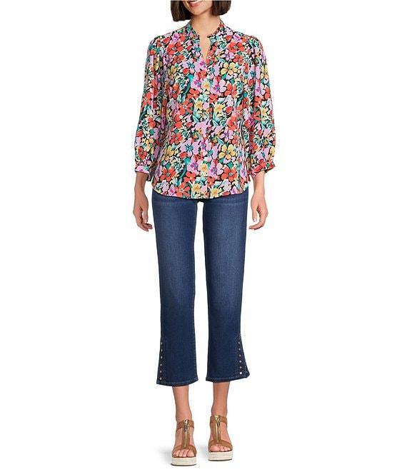 Calessa Petite Size Floral Split V-Neck 3/4 Sleeve Button Front Tunic Product Image