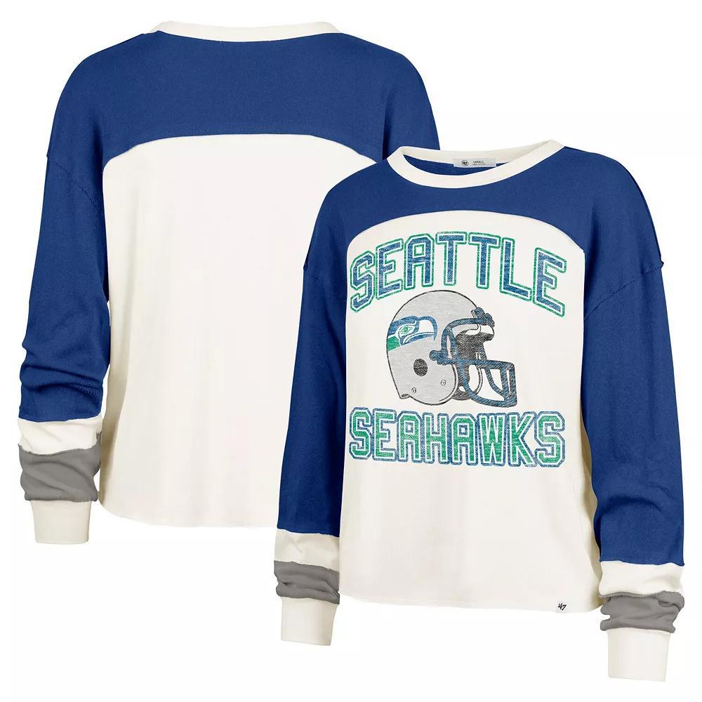 Women's '47 Cream Seattle Seahawks Double Header Curve Raglan Long Sleeve Crop Top, Size: Large, Beige Product Image