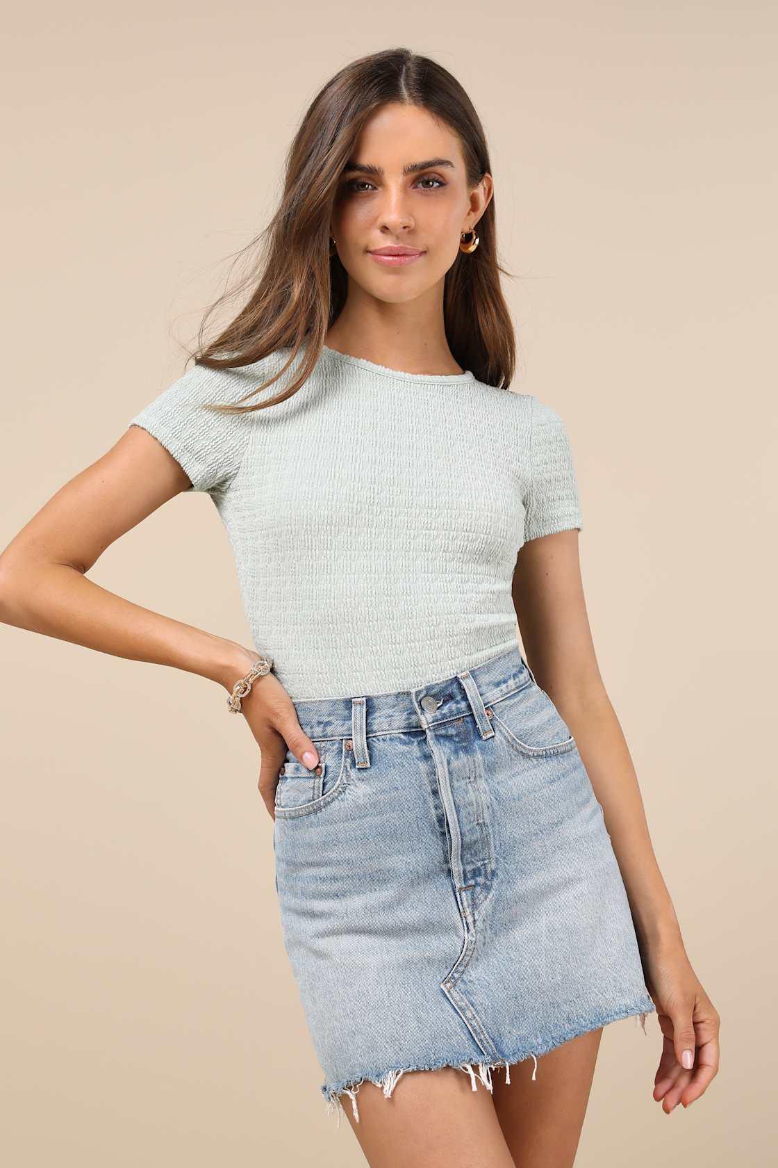 Decidedly Stylish Mint Textured Short Sleeve Backless Bodysuit Product Image