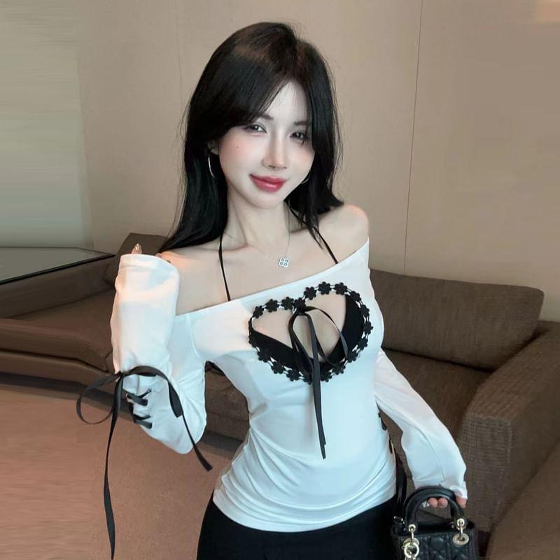 Long Sleeve Off Shoulder Bow Lace Up Heart Cutout Top Product Image