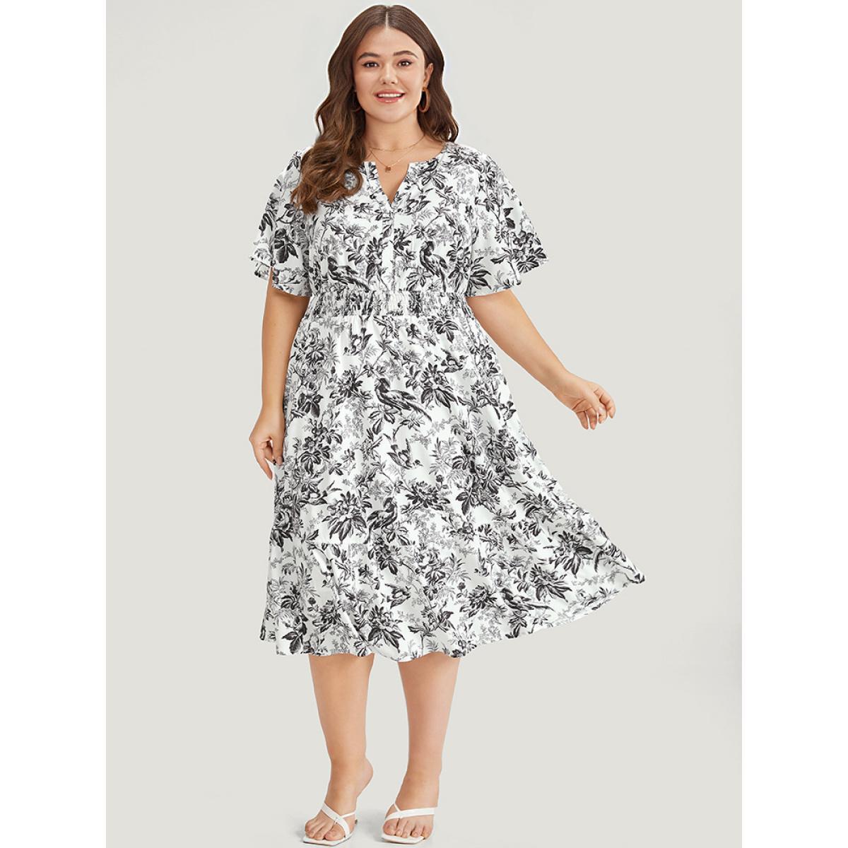 Plus Size Silhouette Floral Print Shirred Notched Pocket Ruffles Dress Black Women Elegant Shirred Notched collar Short sleeve Curvy Midi Dress BloomChic 22-24/3X Product Image
