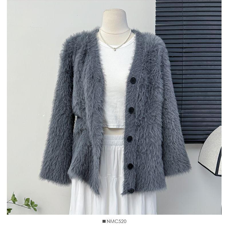 Faux-Fur V-Neck Cardigan Product Image