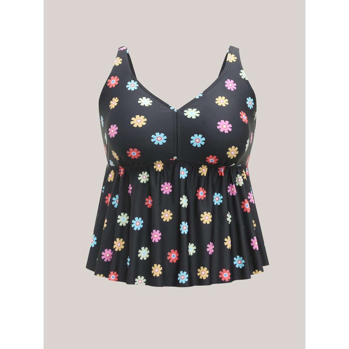 Plus Size Multi-Color Floral Pattern Flared Swim Top Women's Swimwear Black Beach Gathered High stretch Bodycon Heart neckline Curve Swim Tops BloomChic 18-20/2X Product Image