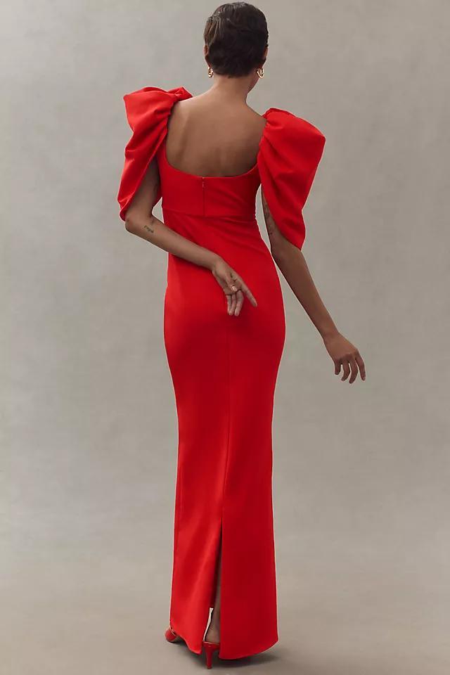 Mac Duggal Puff-Sleeve Scoop-Neck Column Crepe Maxi Dress Product Image