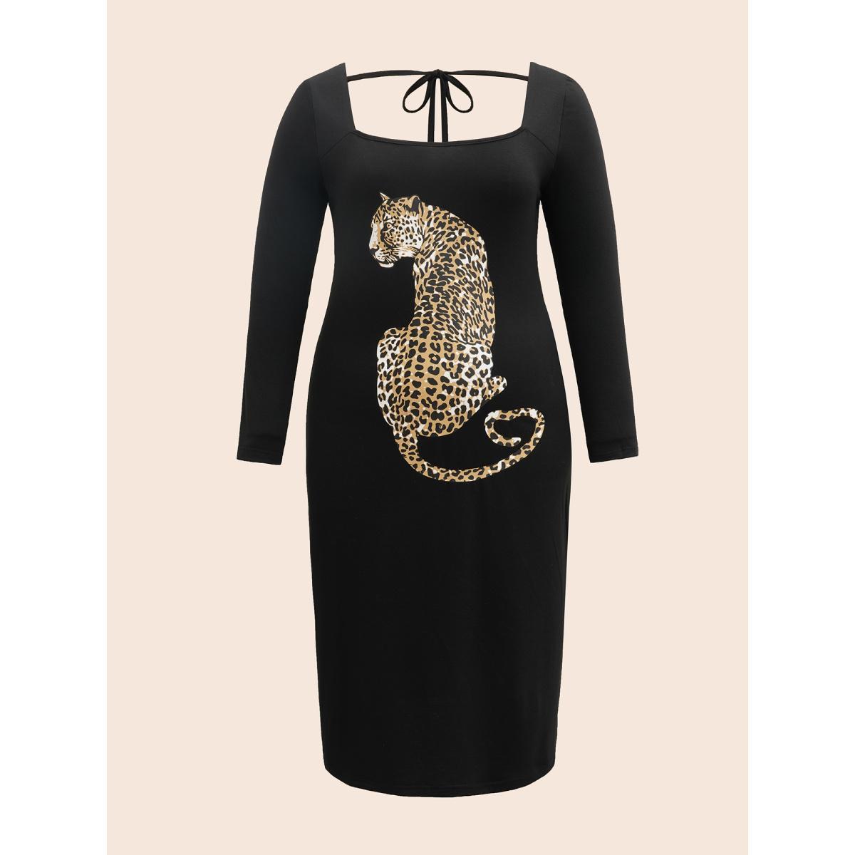 Plus Size Leopard Print Square Neck Tie Knot Dress Black Women Elegant Tie knot Square Neck Long Sleeve Curvy BloomChic 22-24/3X Product Image