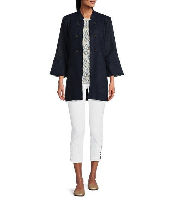 Multiples Linen-Blend Stand Collar 3/4 Flounce Sleeve Open Front Jacket Product Image