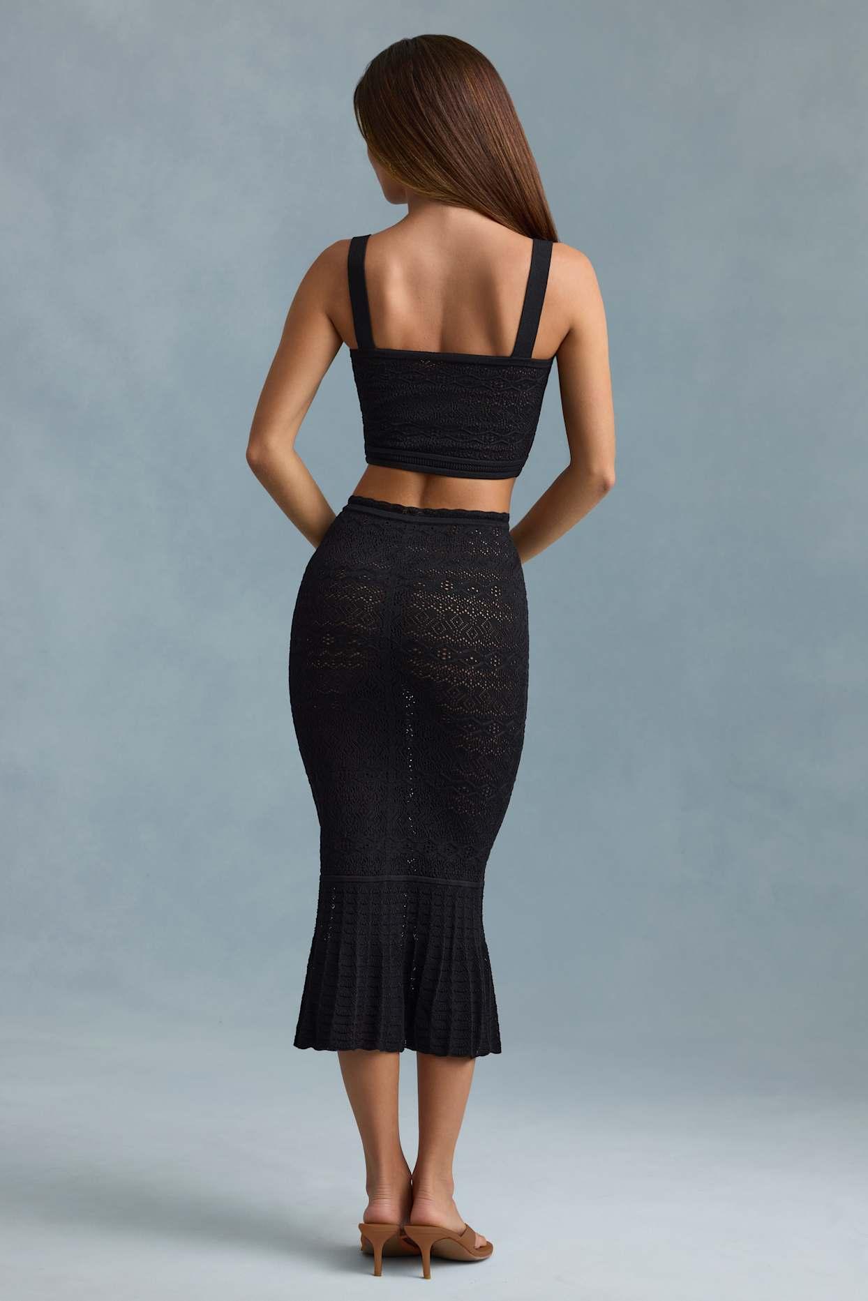 Ruffle-Trim Pointelle-Knit Midaxi Skirt in Black Product Image