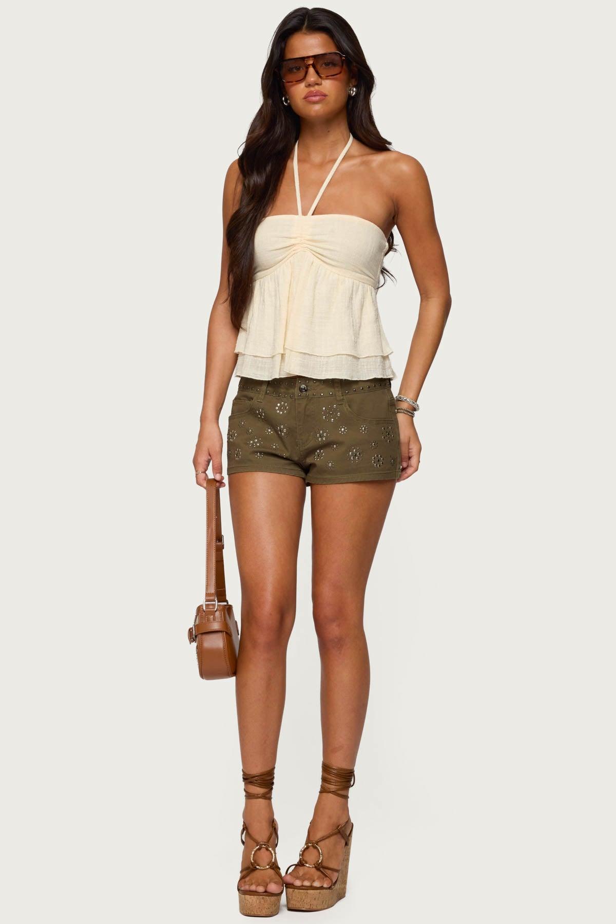 Layered Linen Look Babydoll Halter Top Product Image